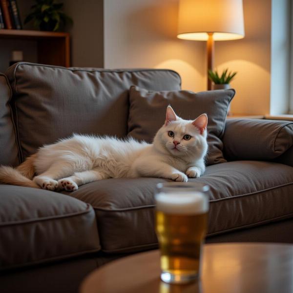 Gato relajado en casa con una cerveza cerca