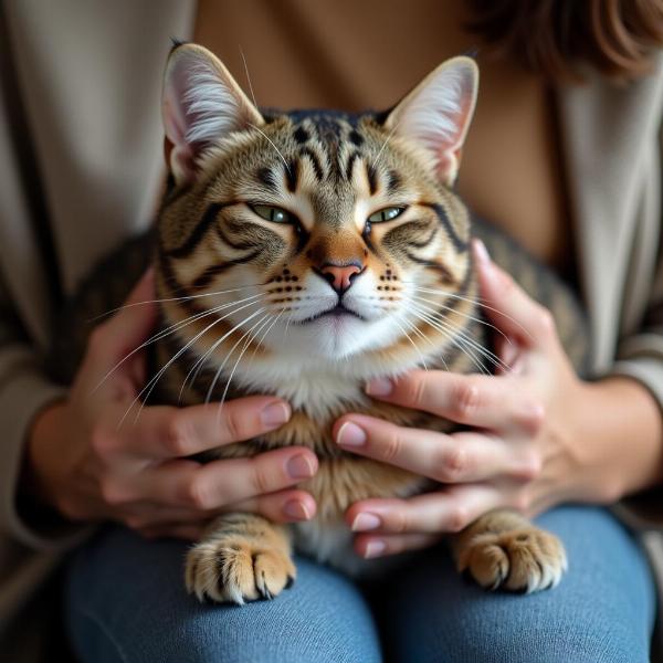 Gato ronroneando en el regazo de su dueño