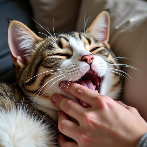 Gato ronroneando felizmente mientras recibe caricias de su dueño