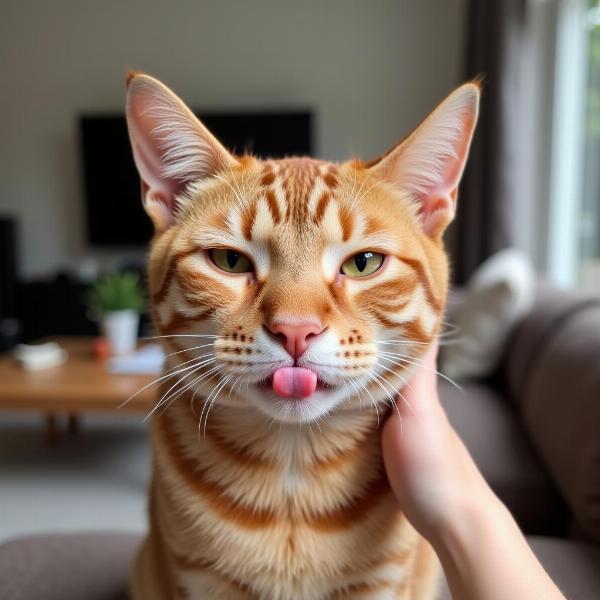 Gato sacando la lengua mientras recibe caricias