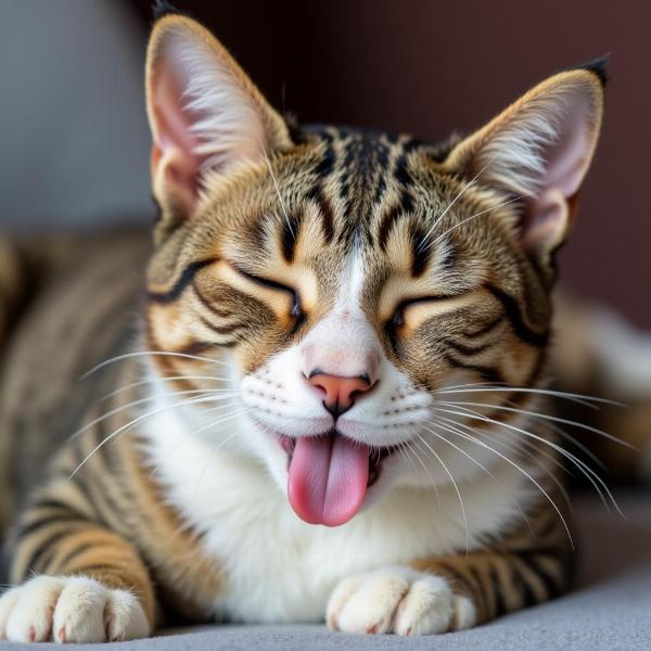 Gato sacando la lengua en un momento de relajación