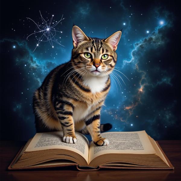 Representación artística de un gato emergiendo de un libro abierto, simbolizando el concepto del gato de Schrödinger en la literatura.