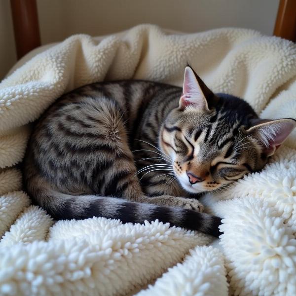 Gato senior durmiendo en una manta