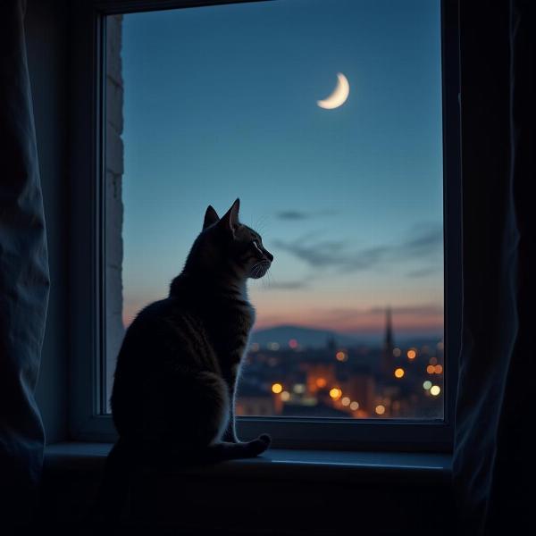 Gato sentado en la ventana mirando la luna