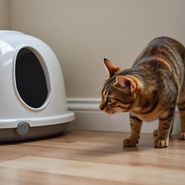 Gato mirando con preocupación su caja de arena sin usar, mostrando posible retención urinaria.