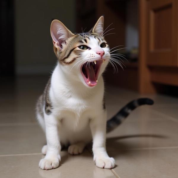 Gato siseando en señal de defensa