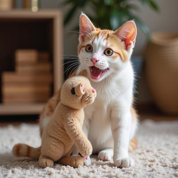 Gato sonriente jugando con un peluche