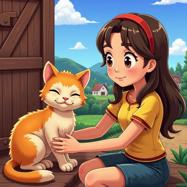 Acariciando al gato en Stardew Valley