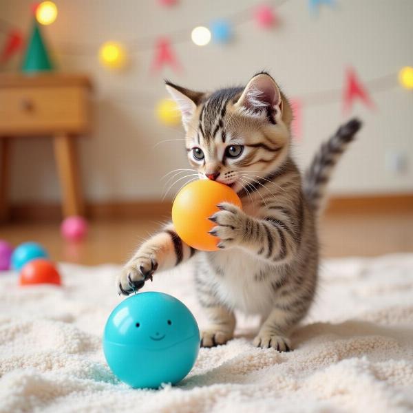 Gato tierno jugando con un nuevo juguete en su cumpleaños