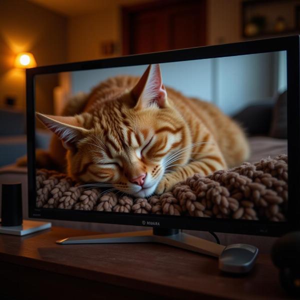 Gato durmiendo plácidamente en un sofá, transmitido por televisión