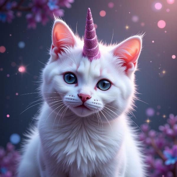 Gato unicornio mágico con destellos brillantes