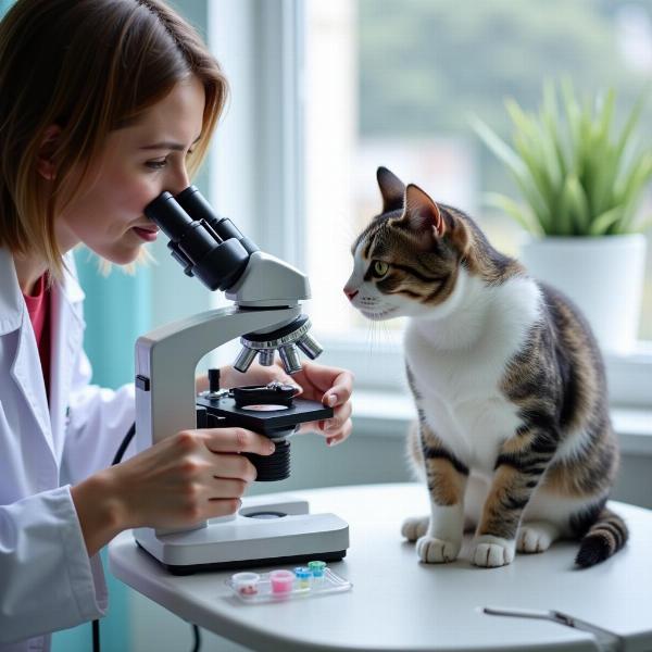 Veterinario examinando la orina de un gato para detectar cristales de estruvita