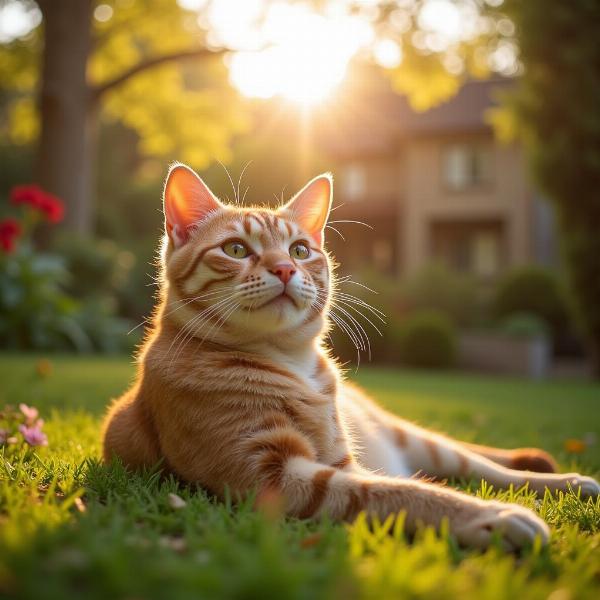 Gato con vida saludable disfrutando del sol en un jardín.