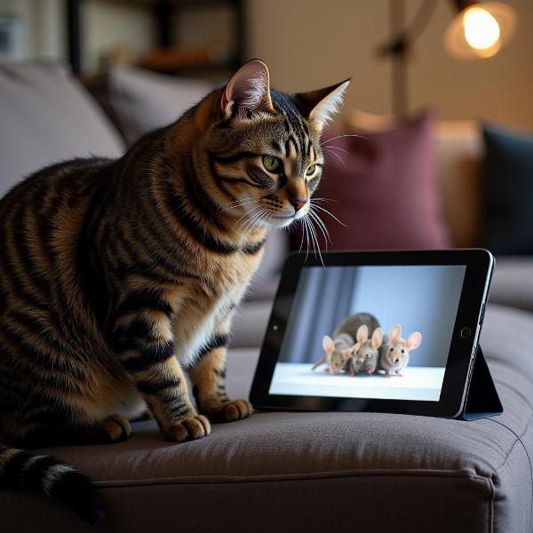 Gato viendo video de ratones en una tablet