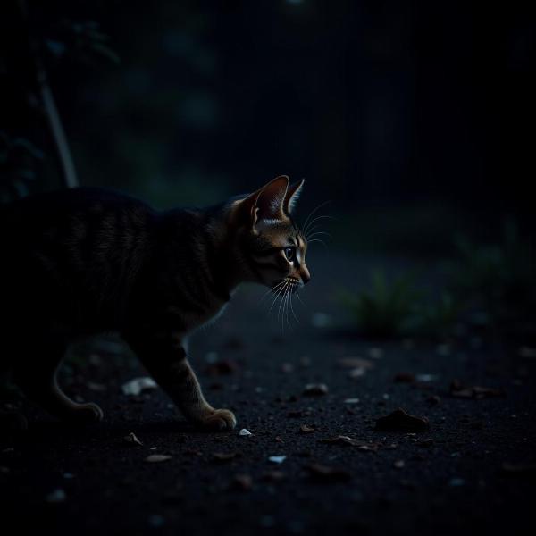 Gato utilizando su visión nocturna, oído y tacto para explorar su entorno