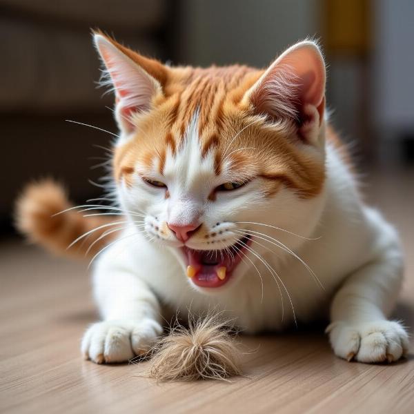 Gato vomitando una bola de pelo