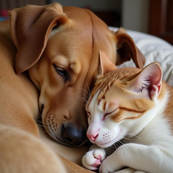 Gato y perro durmiendo juntos