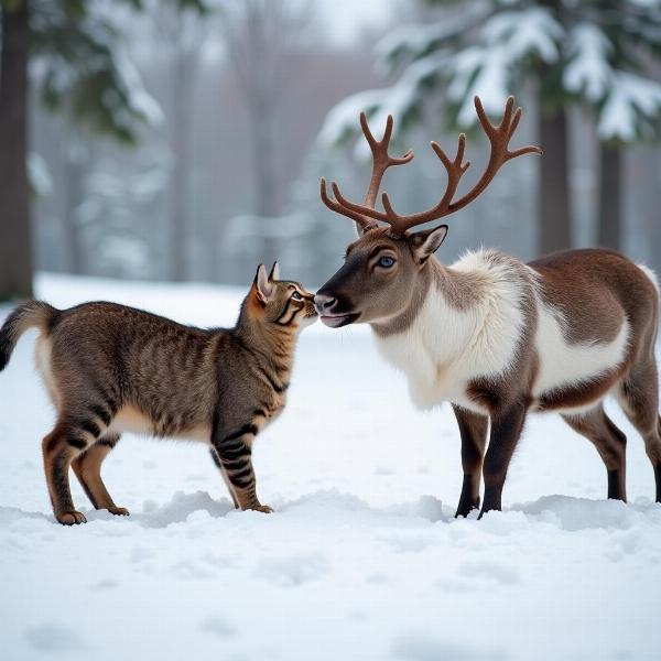 Gato y reno jugando en la nieve