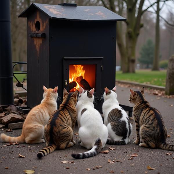 Gatos cerca de un ahumadero