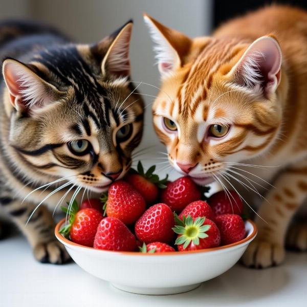 Gatos comiendo fresas