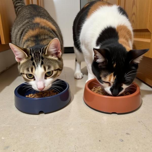 Dos gatos comiendo en platos separados