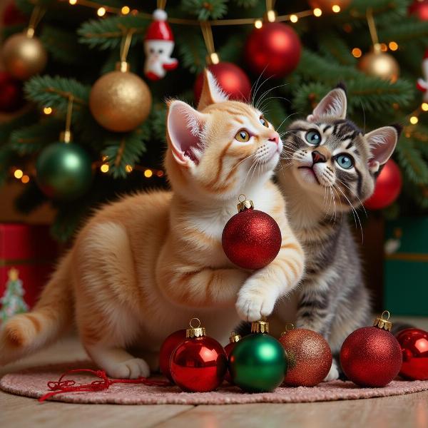 Gatos jugando con adornos de navidad en fondos de pantalla