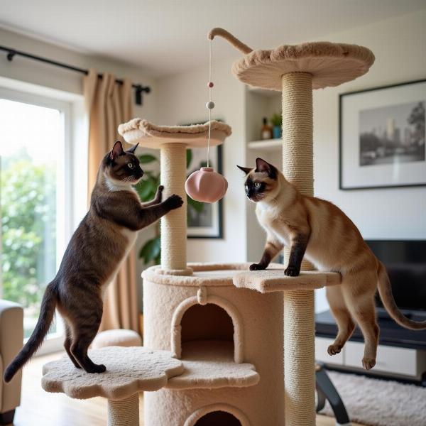 Gatos jugando en un rascador