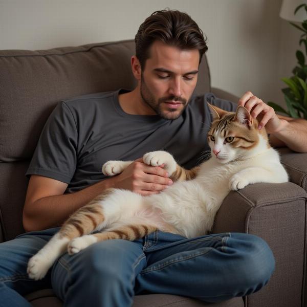 Un hombre acaricia suavemente a su gato mientras ambos se relajan en un cómodo sofá.