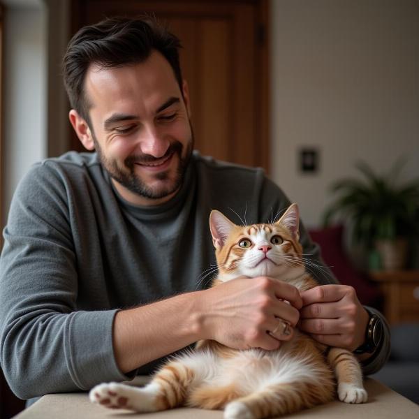 Un hombre gato acariciando a su mascota