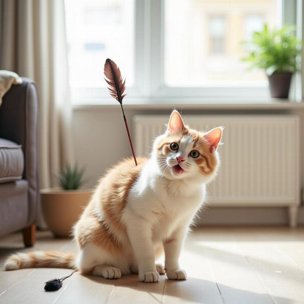 Gato jugando con un juguete interactivo en interiores.