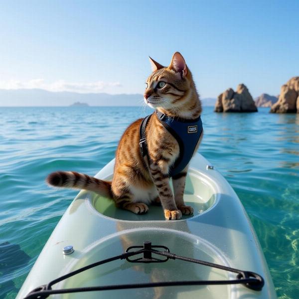 Gato con arnés en kayak transparente en Cabo de Gata