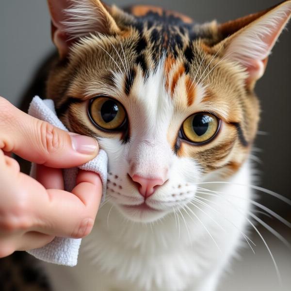 Dueño limpiando cuidadosamente el ojo lloroso de un gato con una gasa.