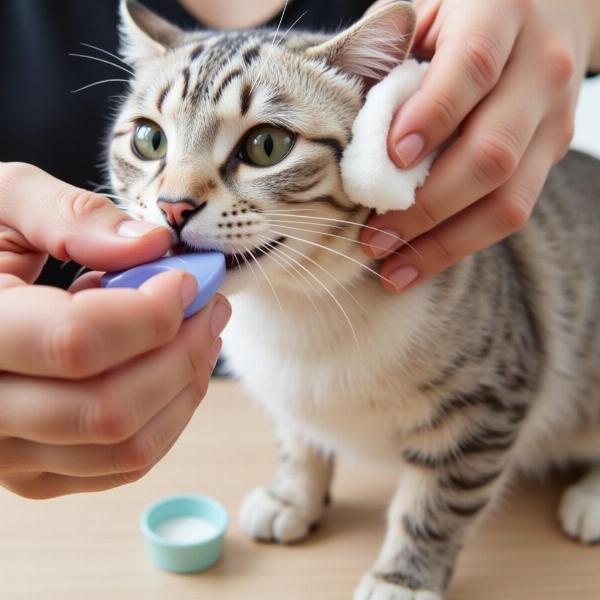 Limpiando las orejas de un gato con una solución limpiadora