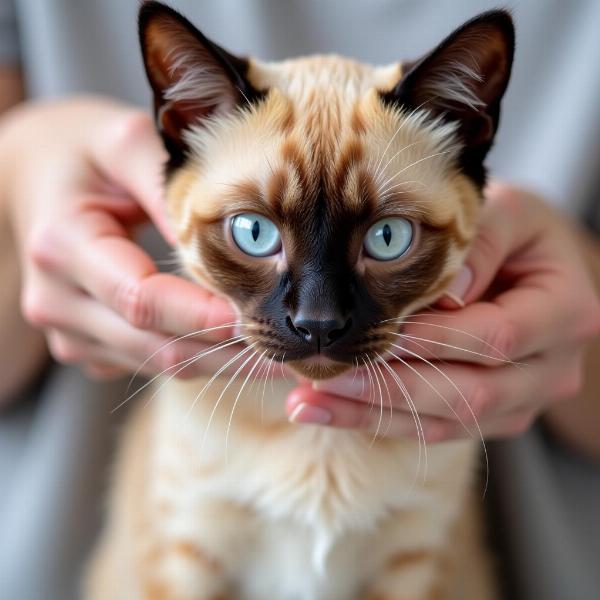 Limpieza de los pliegues faciales de un gato braquicéfalo