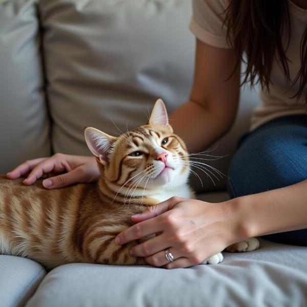 Lunes de mimos con el gato: Una persona acaricia a un gato relajado en el sofá.