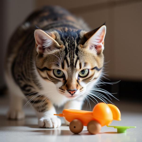 Gato mirando un juguete con curiosidad