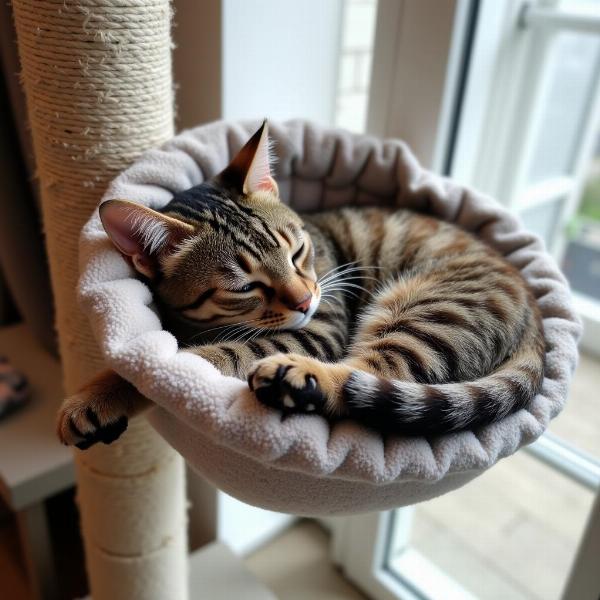 Milo el gato malo durmiendo en una hamaca para gatos