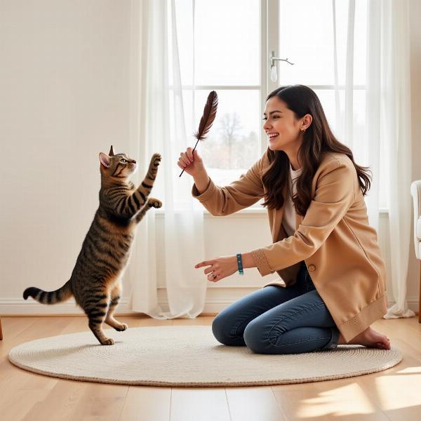 Mujer jugando con su gato