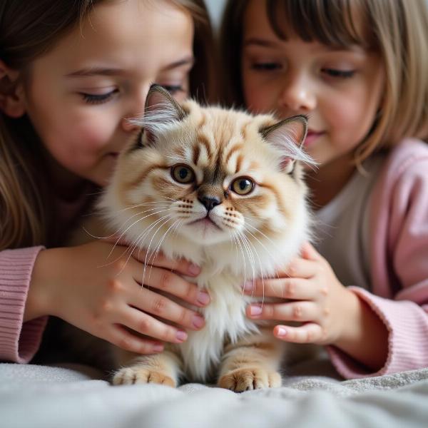 Niños acariciando un gato persa