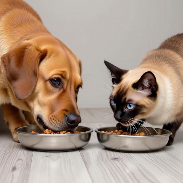 Perro y gato comiendo en platos separados