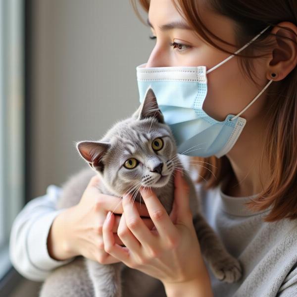 Persona alérgica acariciando un gato y tomando precauciones