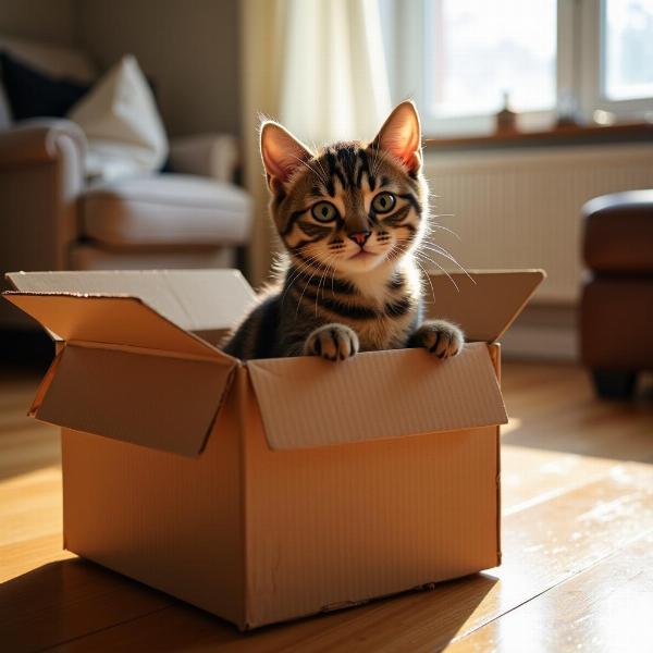 Peters el gato humorista jugando en una caja de cartón