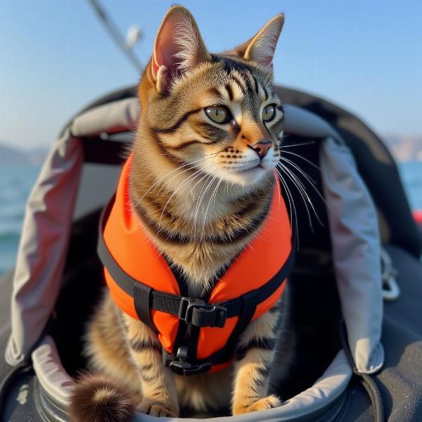 Preparación del gato para la excursión en barco