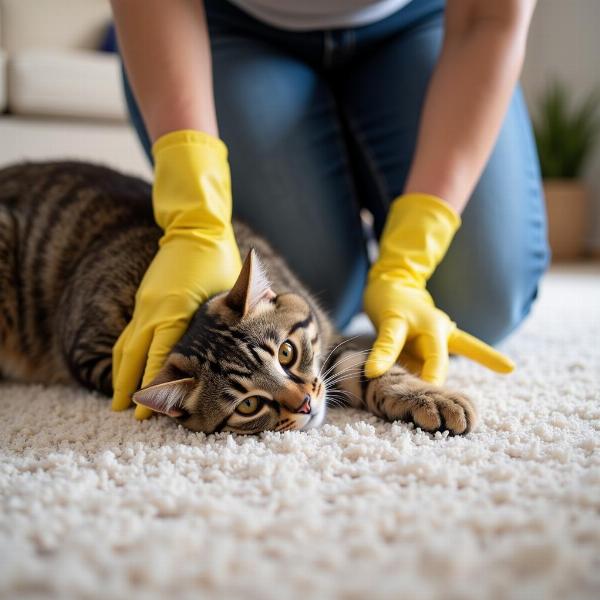 Quitar pelo de gato de la alfombra con guantes de goma