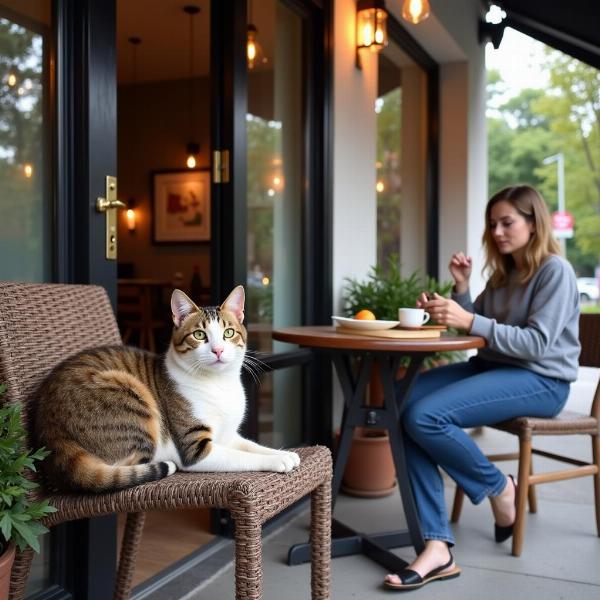 Restaurante pet-friendly con un gato disfrutando del espacio al aire libre