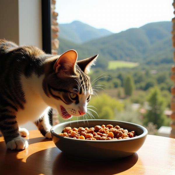 Gato comiendo comida saludable en Robledillo de Gata