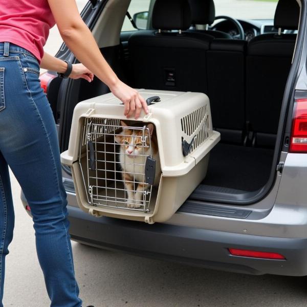 Sacar un gato del coche con transportadora