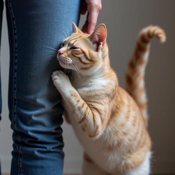 Gato frotándose en las piernas de una persona