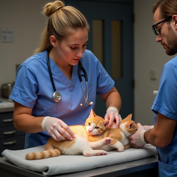 Gata con veterinario durante el parto