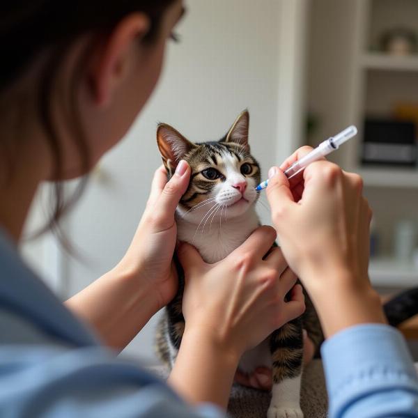 Administrando la inyección a un gato